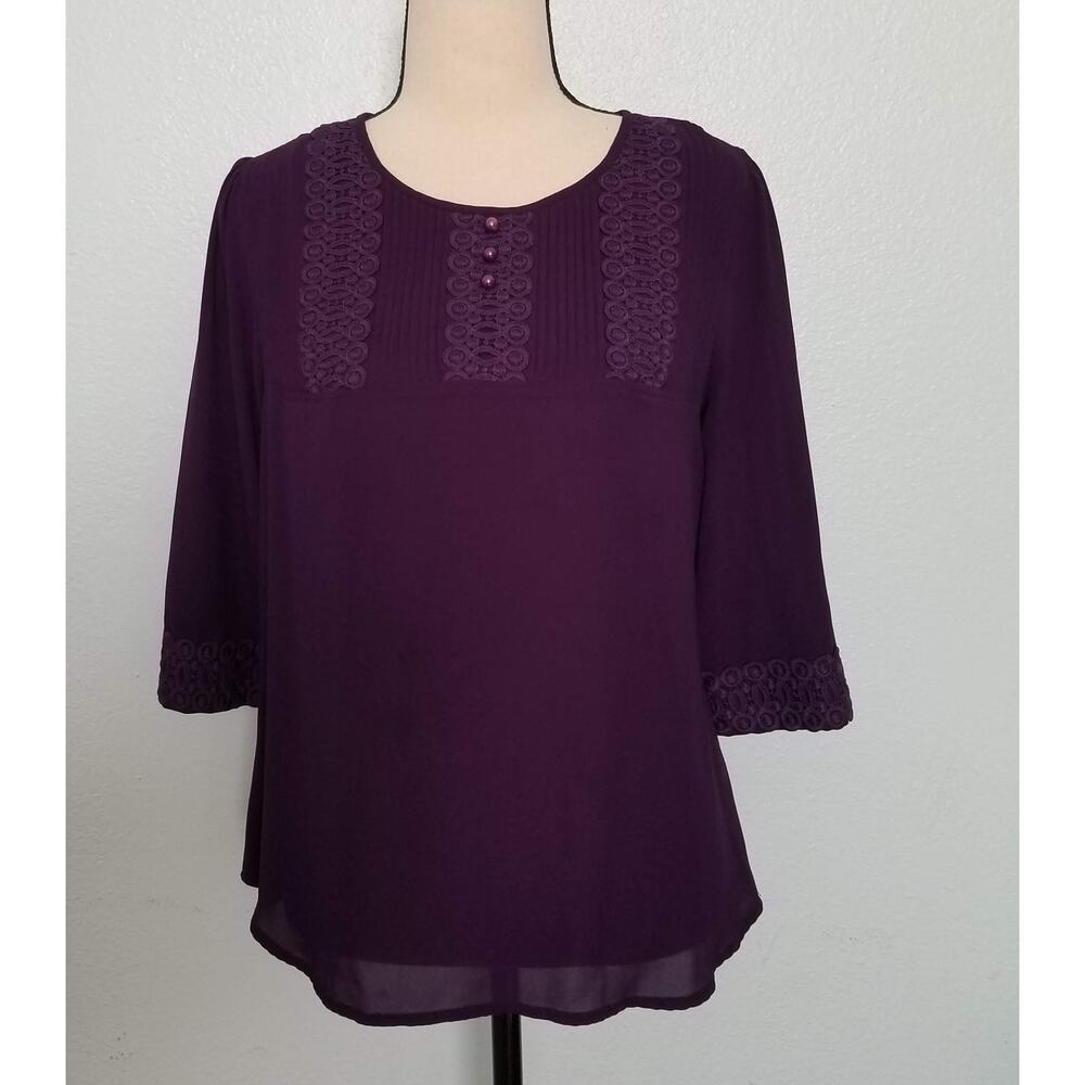 Purple Lace Trim Blouse Sheer Overlay XL